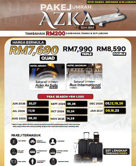PAKEJ UMRAH AZKA EDISI SABAH, SARAWAK, W. LABUAN 10H8M (JUN 2026 – JAN 2027)